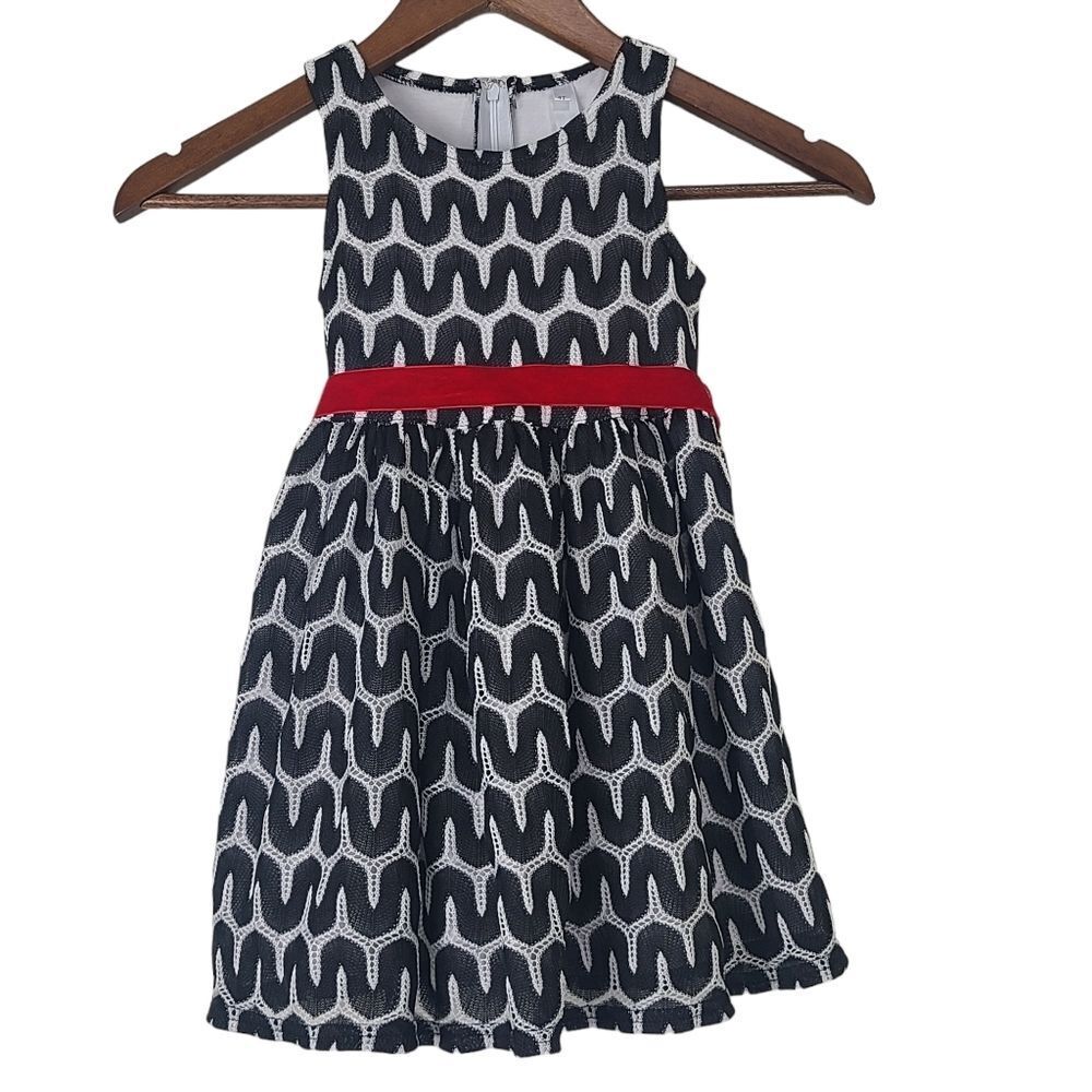 Love U Lots Girls Sleeveless Geo Dress Size 4T Black and White with Red Ribbon
